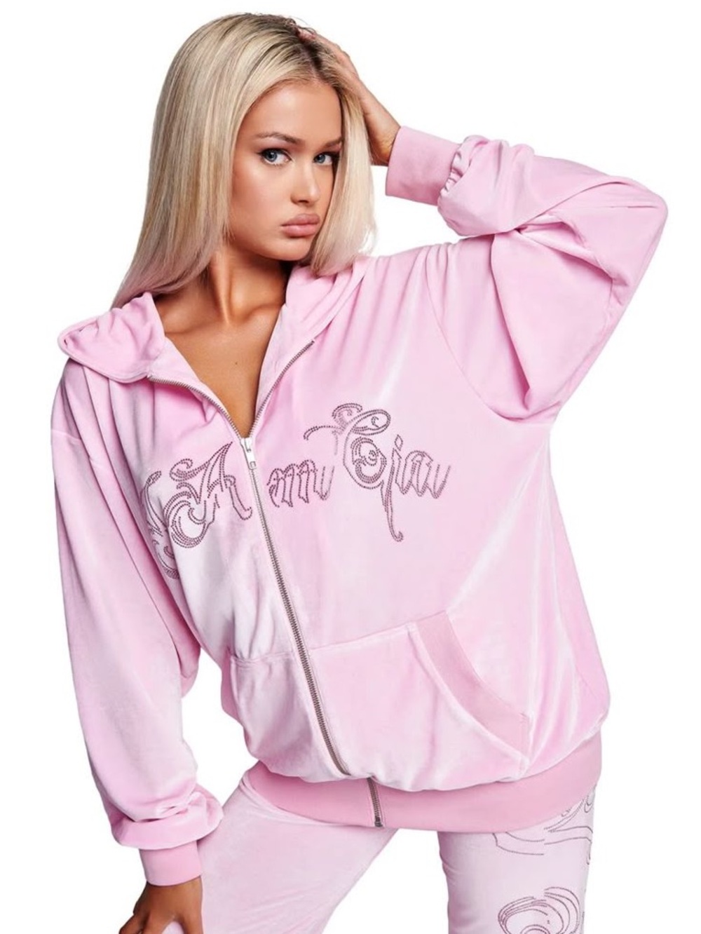 I.AM.GIA Pink Crystal-Embellished Zip Velour Hoodie